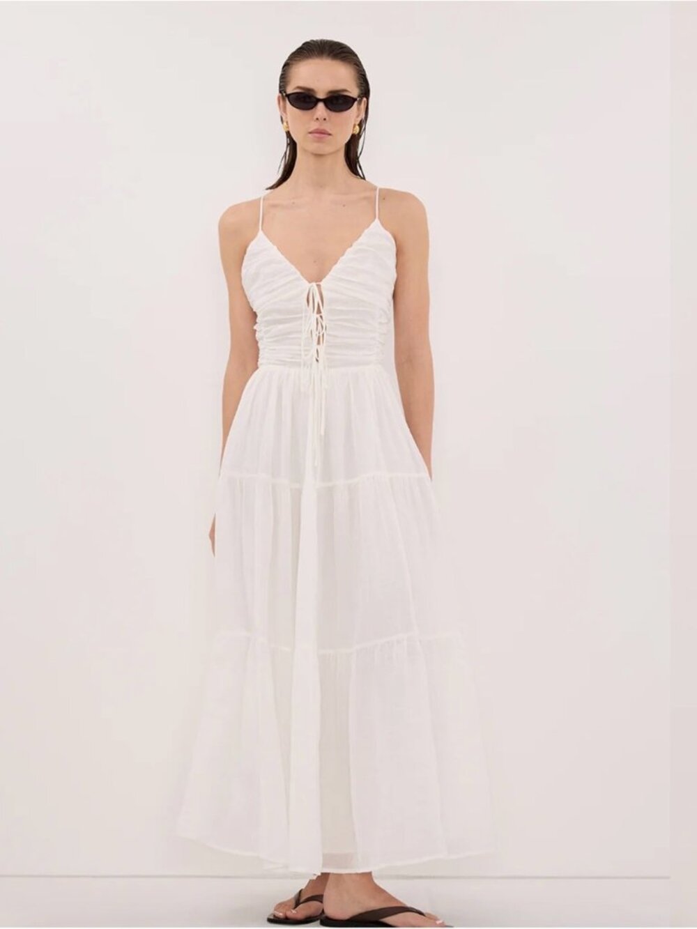 DISSH White Lace-Up Tiered Maxi Dress